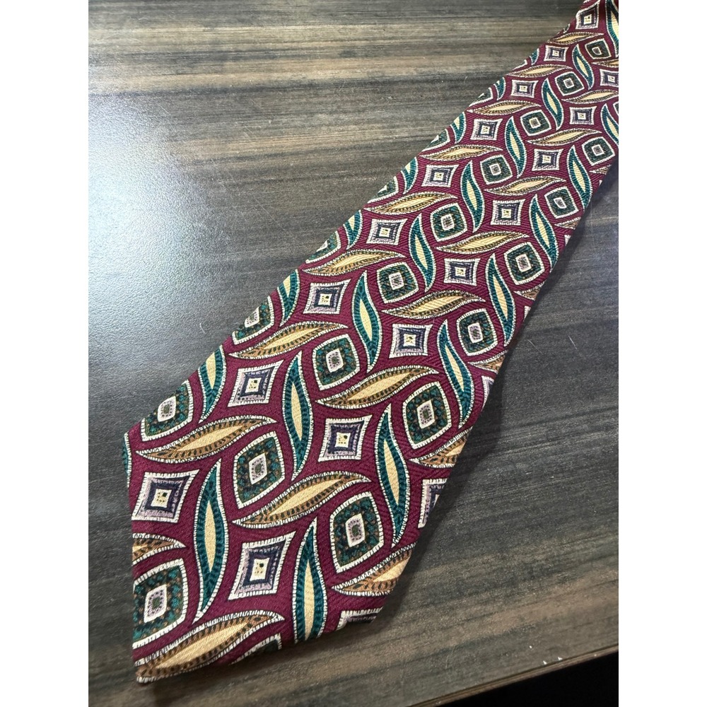 Tom James Mens Silk Necktie Burgundy Gold Teal Geometric Leaf Pattern Tie
